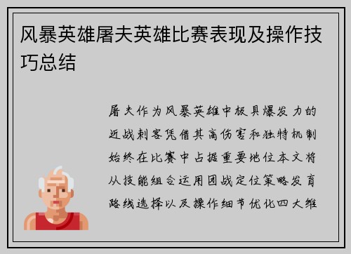风暴英雄屠夫英雄比赛表现及操作技巧总结